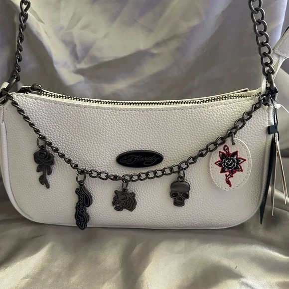 Ed Hardy White Shoulder Bag with Black Chain Details - Picture 3 of 6